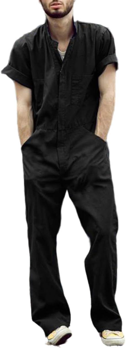 FULA-baoMen Short Sleeve Coverall Summer Solid ColorCasual One-Piece Romper Coveralls Jumpsuit with Pocket