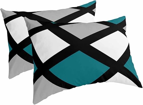 Teal Black Gemetric Pillow Covers Queen Size Set of 2 20x30 Bed Pillow, Gray Abstract Art Middle Century Plush Soft Comfort for Hair Skin Cooling