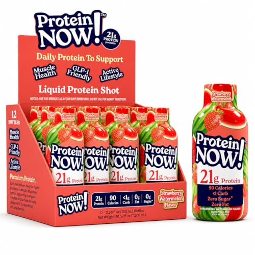Protein Now Liquid 3 oz. Protein Shot By NutraBio 21g Protein 0 Carbs 0 Fat GLP-1 Support Ready-to-Drink No Refrigeration Whey & Collagen Protein for Hair Skin & Nails On-the-Go Nutrition- Strawberry Watermelon