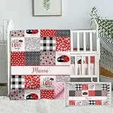 Munific Lady Bug Crib Bedding Set, 2 Piece Set, Customizable Bedding Set for Baby Girls with Name, Space Animal Print, Includes Comforter and Fitted Sheet, Infant Sleep