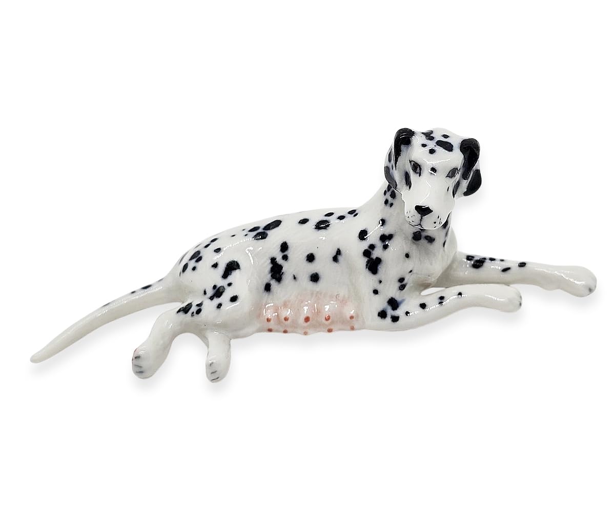 WitnyStore Tiny 4" Long Mom Dalmatian Figurine - Miniature Hand Made Painted Ceramic Spotted Black White Dogs Pup Pet Animals Porcelain Decorative Collectible Figurines Décor Gifts