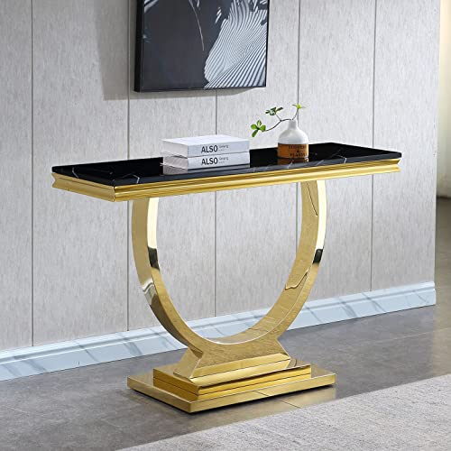 SSLine Modern Black Marble Console Table Luxury Entryway Table with Gold Pedestal Base 47