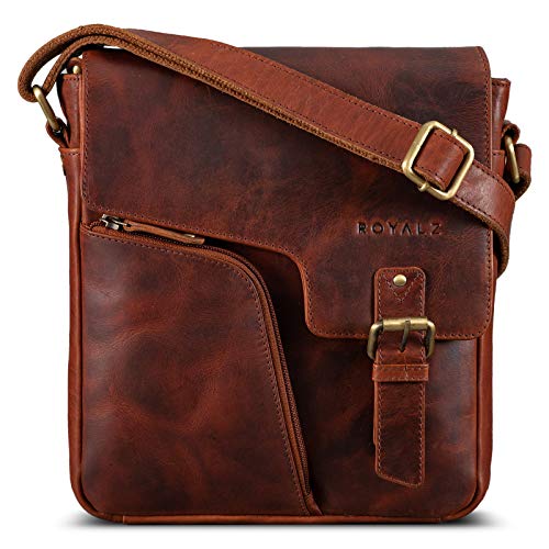 ROYALZ Moderne Vintage Umhängetasche Herren klein Leder 'Denver' kleine Ledertasche Echtleder Herrentasche zum Umhängen Schultertasche für Alltag Freizeit Arbeit, Farbe:Roma Cognac Braun