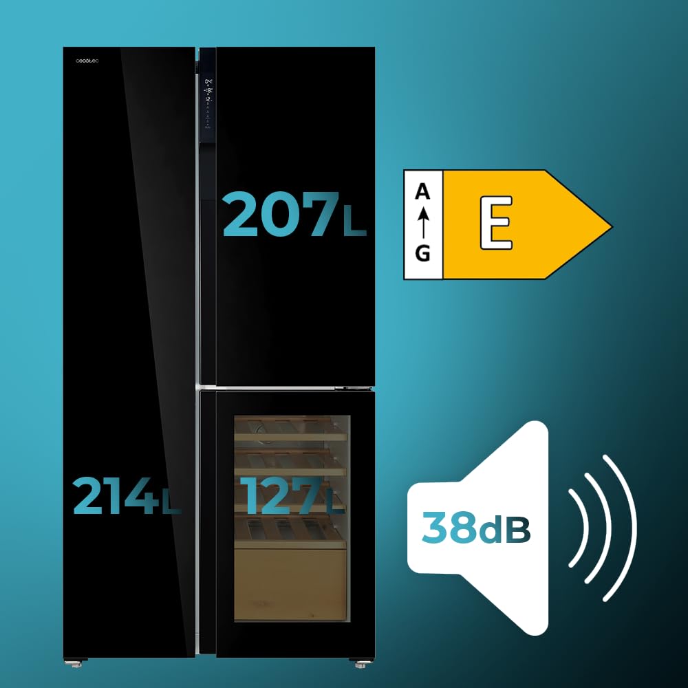 Cecotec Frigorífico 3 puertas Bolero CoolMarket TDW 548 Black Glass E, Clase E, 548 L, Diseño T Door, Compresor Inverter Plus, Total No Frost, Metal Cooling, Multi AirFlow, Fast Cooling & Freezing