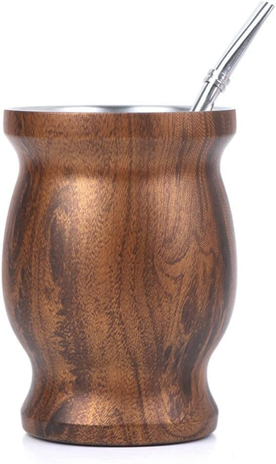 Yerba Mate Cup Set - Double-Layer Vacuum Insulation Mug With Straw & Cleaning Brush - Easy To Clean Stainless Steel Gourd (Wooden), 240 ML-image-27