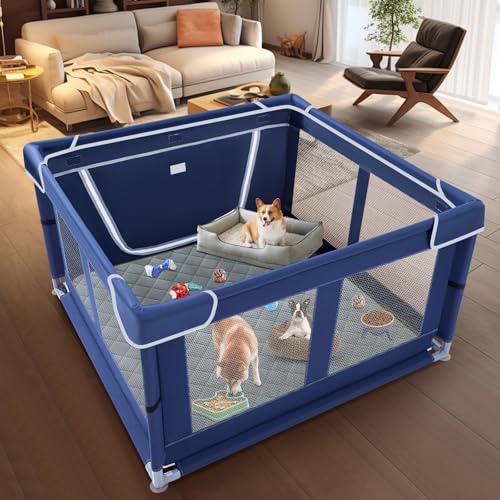 Image of XVISHX 42x42 Inches Puppy Playpen with Dog Pads, Dog Playpen for Puppies or Small Dogs, Pet Playpen for Indoor & Outdoor, Sturdy Safety DogPen with Thickened Fabric, High-Strength Nylon Wire Mesh