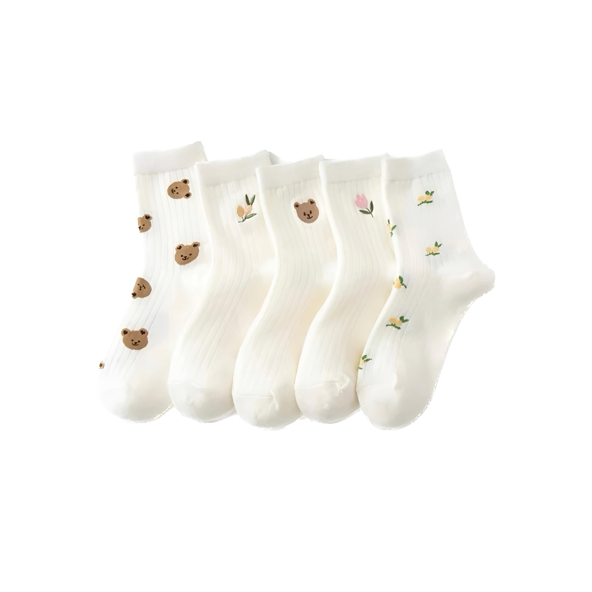 GenericCute simple Kawaii Korean Spring Bear Flower Embroidered Frilly Y2K Socks Fairycore Crew Cotton Socks Cottage Core Girl Aesthetic Ankle Dress soft lightweight socks for Women and Girls Pack of 5, As