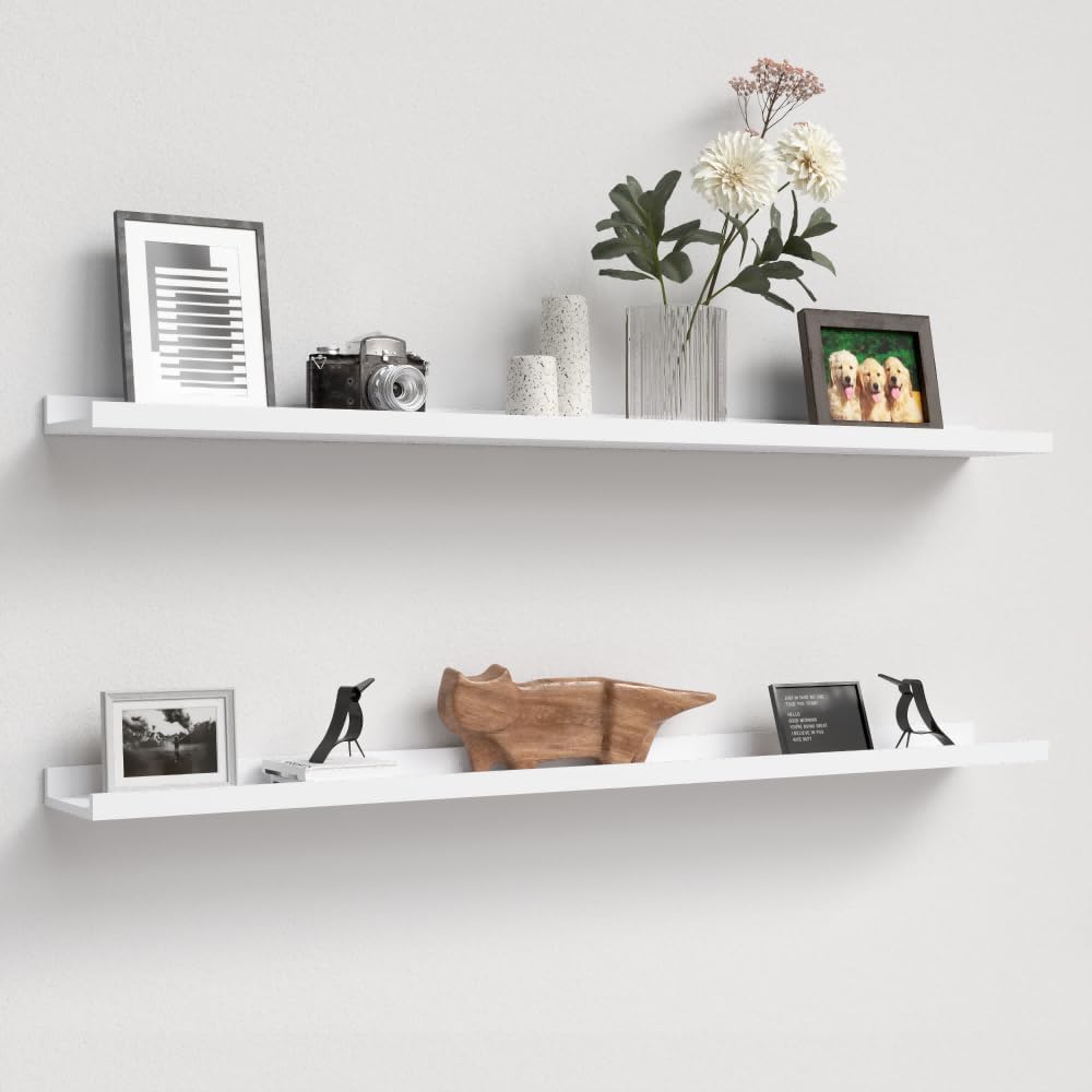RICHER HOUSE White Floating Shelves for Wall Set of 2, 120 CM Wood Floating Shelves Modern for Photo Ledge Display, Wall Decor, for Room Decor, Living Room, Bedroom, Bathroom, Kitchen, Laundry