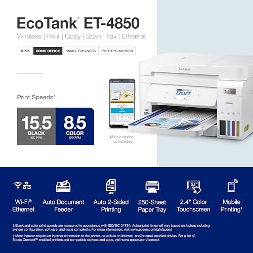 Image of Epson Ecotank et-4850 Multifunction Wireless Supertank Printer with Scanner, Copier, Fax, ADF and Ethernet - The Perfect Printer for Office - White, Medium