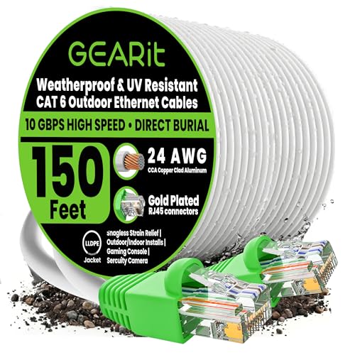 GEARit Cat6 Ethernet Cable 150ft, Outdoor Direct Burial Cat 6 Cable 24AWG High Speed Up to 10Gbps, LLDPE (PE) UV-Resistant Waterproof Jacket, CCA RJ45 Network Internet Cable for Router- White,150FT