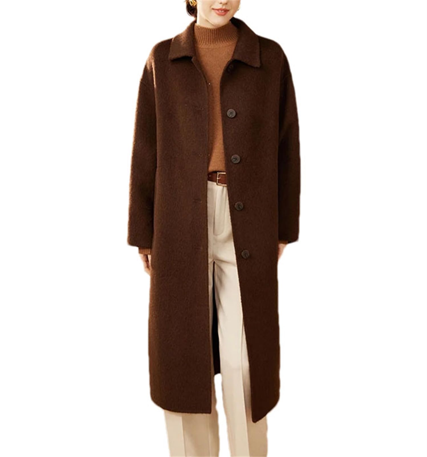 Women'S Solid Alpaca Long Coat Lapel Single-Breasted Fall Winter Comfortable Warm Trench Coat Outwear