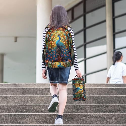 Backpack Peacock Stain Glass for School Girls Boys, Backpack for Women Men, Lightweight Bookbag with Lunch Box Travel Laptop Daypack 18.5” x 11.8”3