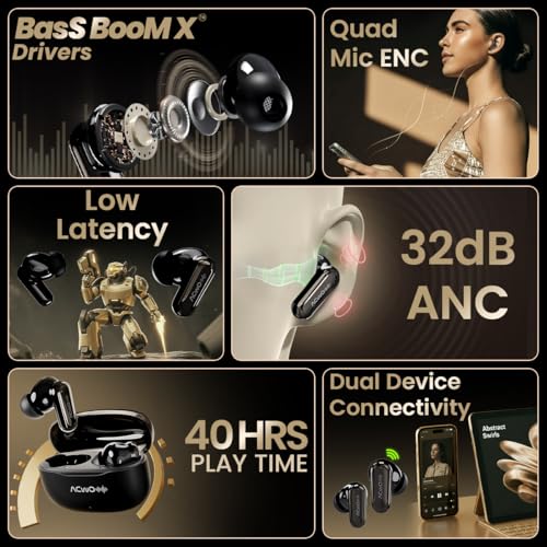 Image of DwOTS 717 PRO | ANC up to 32dB, 40HRS Playback, Fast Charging, Dual Pairing, Quad-mic ENC, Instant auto Connect, IPX5, Bluetooth v5.4, True Wireless Earbuds with mic (Dark Charcoal)