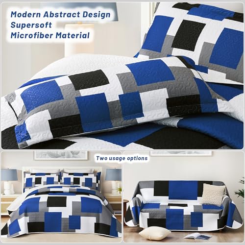 Image of Tyrot 3 Piece Blue White Grey Quilt King Size Blue White Gray Bedding Set | Lightweight Bedspread, Geometric Coverlet with 2 Sham, Modern Abstract Soft Microfiber, Bed Cover for All Season, 106''x96''