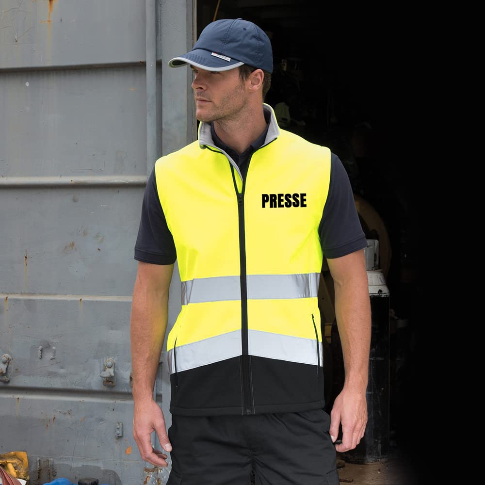 PRESSE Sicherheitsweste GELB aus Softshell - Gelb Warnweste nach EN ISO 20471 zertifiziert - Unisex und hochwertigem Reflektorstreifen