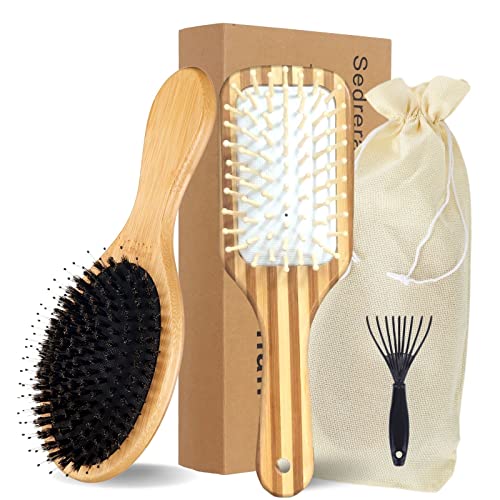 3Pcs Boar Bristle Hair Brush Gift Set,Anti-Hair Loss,Wooden Bamboo Hairbrush For Wome Paddle Hair Brushes For Women Blow Drying #TOP15