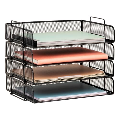 Mind Reader Stackable Paper Tray, Desktop Organizer, File Storage, Office, Metal Mesh, 4 Pcs., Black