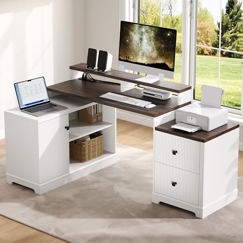 Image of 67 inch L Shaped Executive Desk with Drawers & Storage Shelf, Corner Computer Desk with Power Outlets, Home Office Desk with Monitor Stand, Printer Shelf, Computer Writing Desk for Work, Antique White