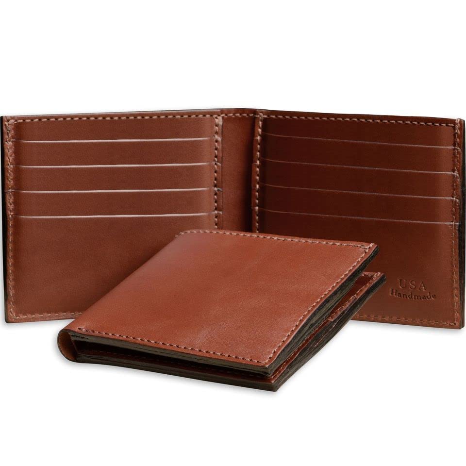 Premium Full Grain Bridle Leather Men’s Bifold Wallet with 8 card slots – Medium Brown - Made in USA