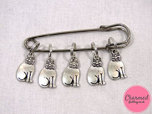 Cats - 5 Silver Knitting Stitch Markers by Charmed Knitting