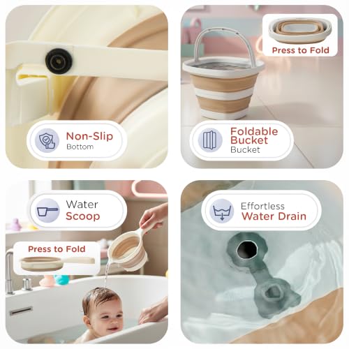 Image of Baybee Aquabee Baby Bath Tub Set for Kids | Portable Bathing Tub with Temperature Sensing | Foldable Bucket & Mug | Bath Seat Chair | Multi-Purpose Bathtub for Baby Bather for 0 to 5 Years (Beige)