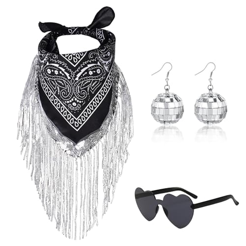 DAJOOEE Fringe Rhinestone Bandana with Heart Sunglasses & Disco Ball Earrings, Disco Cowgirl Bachelorette Bandanas for Women