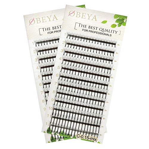 3D Premade Volume Fans Eyelash Extensions C Curl 0.15mm Cluster Lashes 8-14 mixed Length False Individual Eyelashes Soft Natural for Professionals by OBEYA (2 Trays)