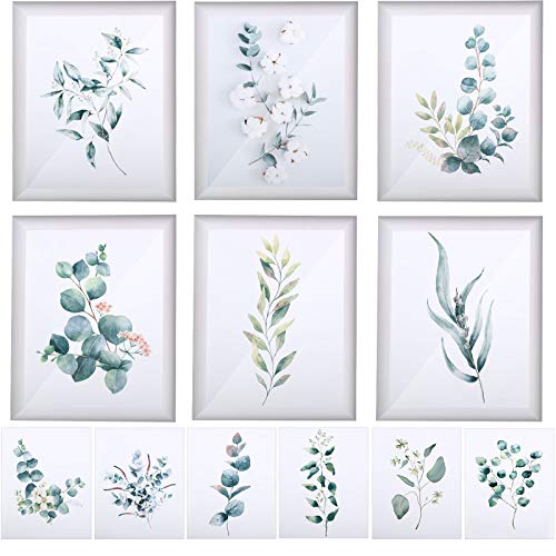 Jetec 12 Pieces Botanical Wall Art Eucalyptus Leaves Decorations, 8 x 10 Inch, 6 Pieces 10 Inch White Wooden Picture Frames with Seamless Nails and Hooks for Home Decor
