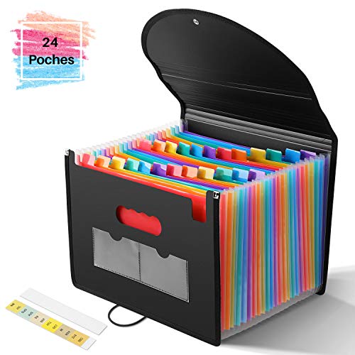 LOETAD Trieur à Soufflets Classeur Rangement Papier Chemise Trieur Plastique 24 Compartiments Avec Couvercle A4 Documents Extensible