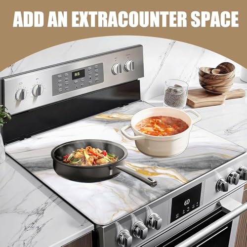 Image of White Marble Stove Top Covers for Electric Stove, Electric Gas Stove Pad Heat Resistant Range Cooktop Protector for Home Decor Kitchen 28 inchx20 inch