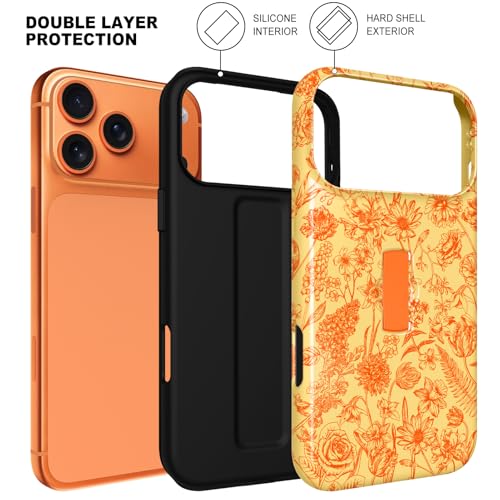 Image of Magnetic for iPhone 17 Pro Case with Finger Strap Kickstand [Compatible with Magsafe] Cute Flower Floral Pattern Design, Dual-Layer Shockproof Protective Cover for Women Men, Orange