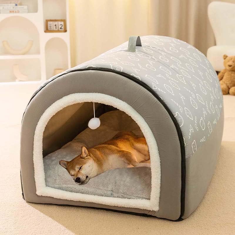 2024 Hundebett, große Haustierhöhle, 2-in-1-Hundehaus, Katzen-Iglu, Haustier-Komfortmatte, gemütlicher Schlafsack für Hunde, warmes Welpennest im Winter mit abnehmbarem Kissen, Grau, XXL