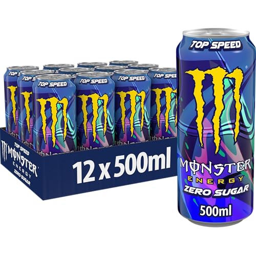 Monster Energy Top Speed - koffeinhaltiger Energy Drink mit erfrischendem Pfirsich-Nektarinen Geschmack - ohne Zucker und ohne Kalorien - in praktischen Einweg Dosen (12 x 500 ml)