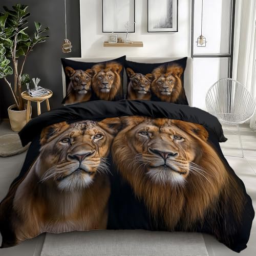 Duvet Cover King Size Animal Lion Reversible 3 Pieces Duvet Cover Set, Bedding Set for All Season, Soft and Breathable Bedding Set with Zipper Closure
