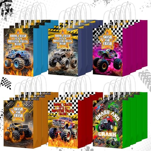 Kolldenn 24 Pcs Monster Truck Goodie Bags with Handles Monster Truck Paper Gift Bag Racing Car Party Favors Candy Treat Pouch for Birthday Decorations Baby Shower Supplies