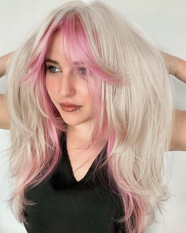 LANOVA Long Copper Red Layered Hair Wig,Auburn Red Highlighted Wigs with Curtain Bangs,Long Straight Synthetic Hair Red Full Wig LANOVA-293