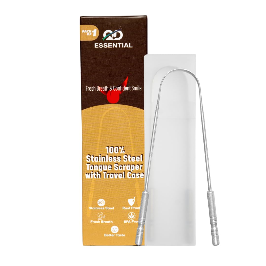 QD EssentialMetal Tongue Scraper for Adults with Travel Case - 1 Pack, Easy To Carry Tongue Cleaner for Adults with Case, 100% Stainless Steel Tongue Scraper for Bad Breath, Daily Hygiene, Oral Care