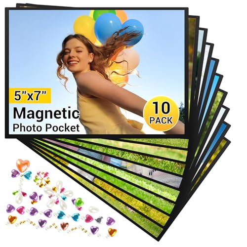 LLWAN Magnetic Picture Frames for Refrigerator 5x7 Magnetic Photo Frames 10 Pack Reusable Strong Magnet Photo Sleeves for Locker Office Cabinet & Home Decor Black
