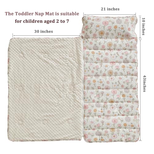 Floral Toddler Nap Mat with Zipper,Detachable Minky Blanket and Removable Pillow,Soft Slumber Bags for Girls,Kids Sleeping Bag for Daycare Preschool Kindergarten,Flower Toddler Sleeping Mat - Pink - Image 3