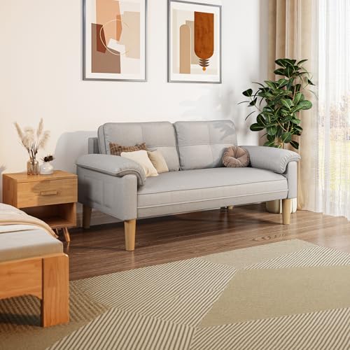 Xbro Sofa 2 Sitzer, 144 x 77 x 77 cm Kleine Couch 2 Sitzer mit Armlehne und Seitentasche, Modernes Stoffsofa für Wohnzimmer, Wohnung, Büro, Einfache Montage, Hellgrau