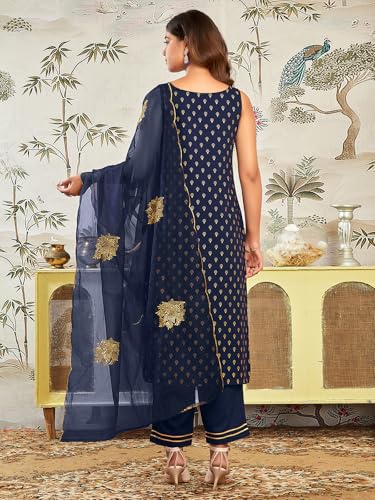 Sanisa Women's Cotton Blend Foil Printed Sequence And Embroidery Work Straight Kurta With Pant And Dupatta Set (190Kbd2021N-Xl_Navy Blue & Golden)