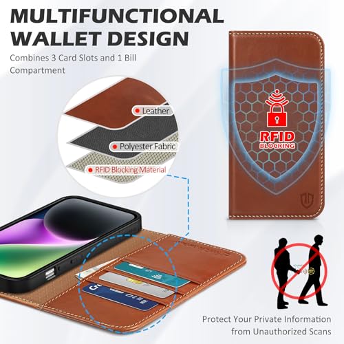 Shieldon Case for iPhone 14 5G Genuine Leather Wallet Case RFID Blocking Stand Function Shockproof Full Protection TPU Case Compatible with iPhone 14 61 2022 Retro Brown