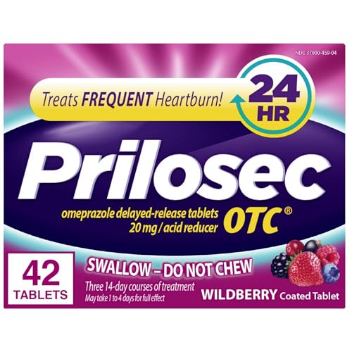 Prilosec OTC, Omeprazole Delayed Release 20mg, Acid Reducer, Treats Frequent Heartburn for 24 Hour Relief, All Day, All Night*, Heartburn Medicine, 20mg, Wildberry Flavor, 42 Tablets