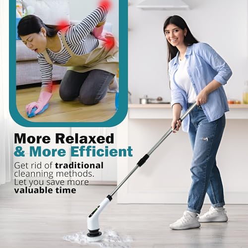 Image of Keliza Store Electric Spin Scrubber - Cordless Multi-Surface Shower Scrubber with 8 Replaceable Brush Heads, Long Handle, 2 Speeds for Deep Cleaning in Bathroom, Kitchen and More