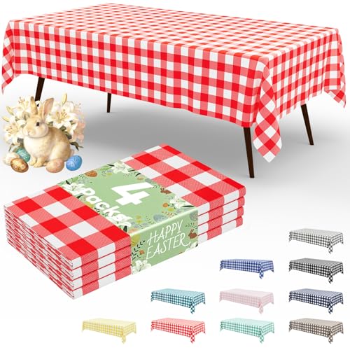 misaya 4 Packs Buffalo Disposable Table Cloth, 54 x 108 Inch Waterproof Plastic Tablecloth, Rectangle Red and White Checkered Table Covers for Picnic, Birthday, Party, Easter
