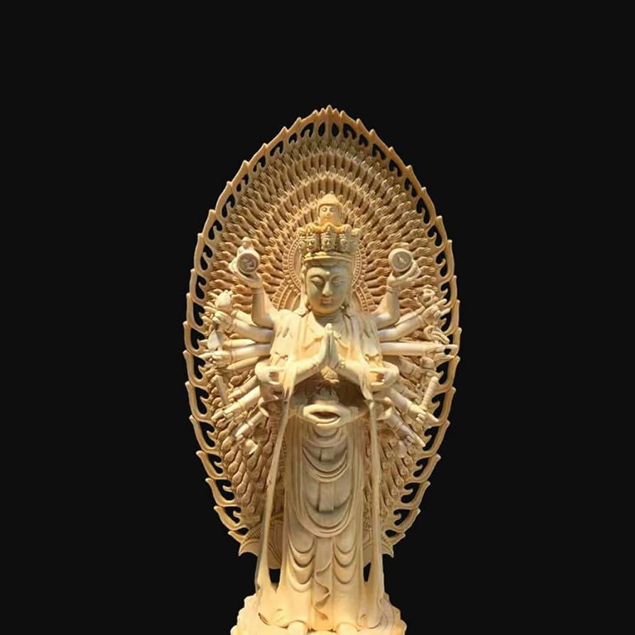 千手観音 手彫り木彫り仏像 全高25cm 風水では財物や幸せをかき集める像 Amazon｜仏像【菩薩】 千手観音立像 （総高さ43cm×巾14.5cm） 桧木高級