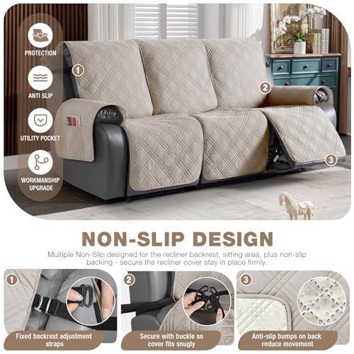 Image of TAOCOCO 100% Waterproof Recliner Sofa Cover, Non Slip Split Couch Covers for Reclining Couches with Elastic Straps(3 Seater, Cream)