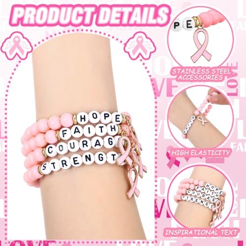 Tondiamo 32 Pcs Breast Cancer Awareness Bracelets Pink Ribbon Bracelet Acrylic Jewelry Gifts Hope Faith Courage Strength Woman Beaded Strand for Survivor Support Campaign Cancer Patients2