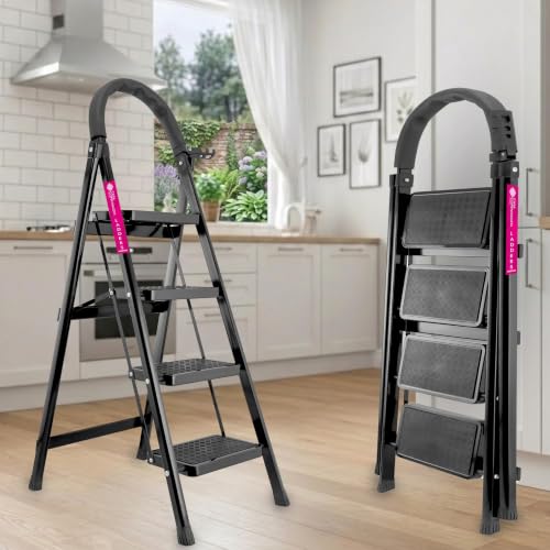 Image of Casa Copenhagen Black 4 Step Ladder for Home Use with Built-in Tool Tray | Heavy Duty D Shape Rods | Ultra Large Platform | Wide Rubber Feet | 150Kg Capacity Foldable Ladder - 7 Years Warranty