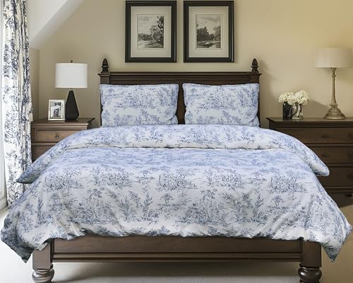 COTTON CRAFT Duvet Cover Set - Queen - French Country Toile - Soft & Breathable 100% Cotton 3-Piece Bedding Set with 1 Queen Duvet Cover 90x90 & 2 Pillow Shams 20x26 - Blue - Comforter Not Included